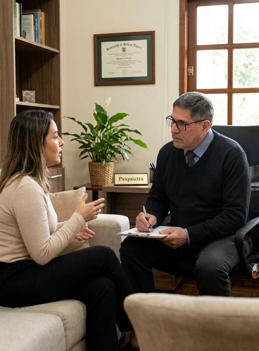Dr. Jordano Copetti em consulta, conversando com uma paciente no consultório, com prancheta nas mãos.